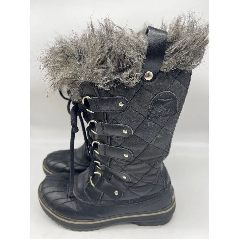 Sorel Tofino Cafe Women Black Canvas Waterproof Faux Fur Winter Duck Boots Size
